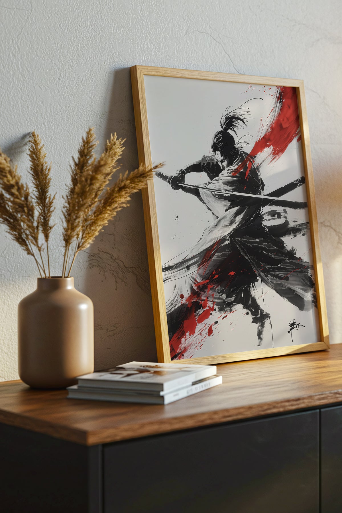 Crimson Arc Samurai Katana Print - Ink Wash Poster | Samurai Legacy