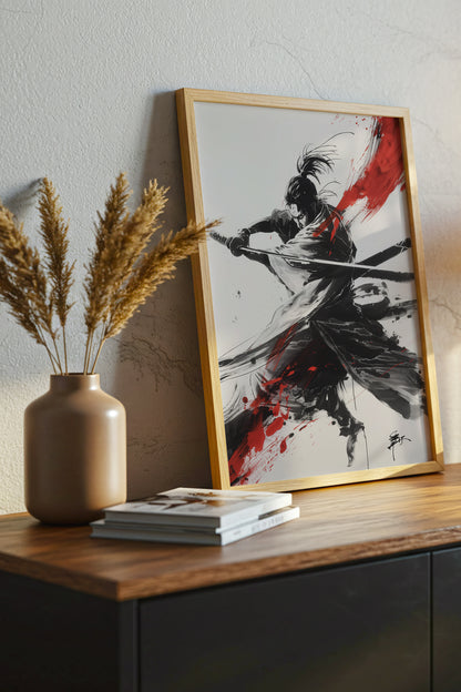 Crimson Arc Samurai Katana Print - Ink Wash Poster | Samurai Legacy