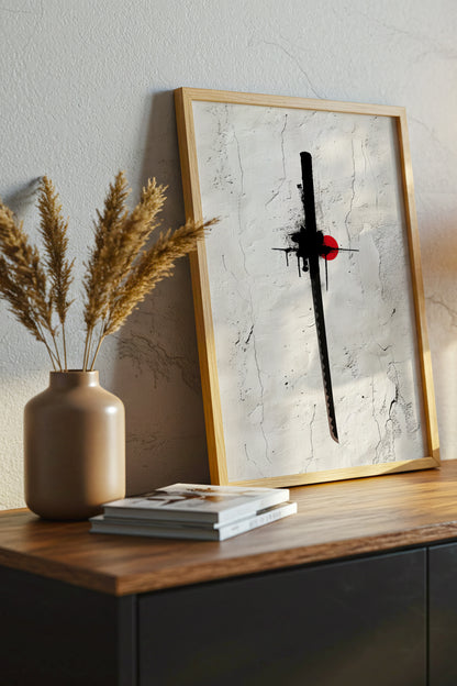 Katana Sword Red Sun Wall Art - Minimalist Ink Poster | Samurai Legacy
