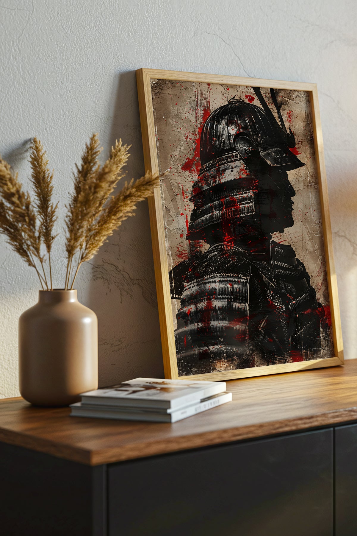 Crimson Splatter Kabuto Samurai Print - Vintage Art | Samurai Legacy