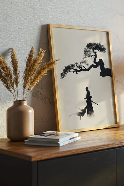 Pine Tree Samurai Art Print - Minimalist Ink Wash Poster | Samurai Legacy