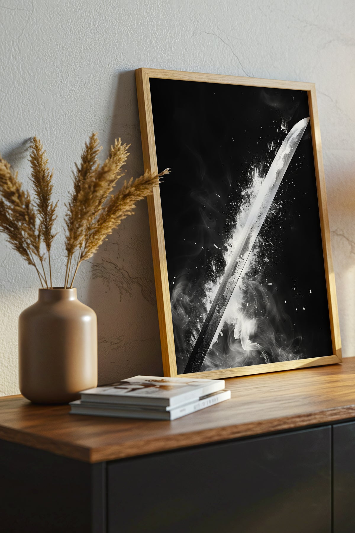 Glowing Katana Blade Print - Monochromatic Smoke Poster | Samurai Legacy