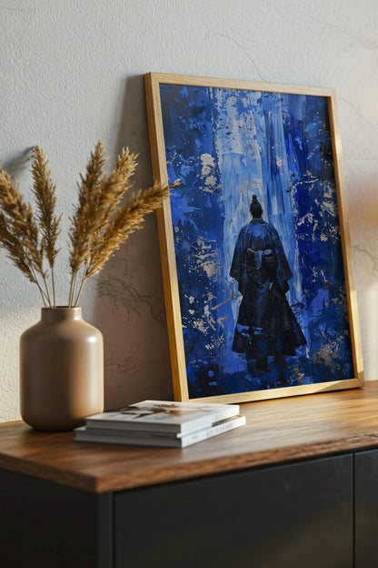 Cobalt Blue Samurai Print - Silver Impasto Poster | Samurai Legacy