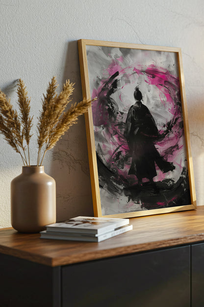Silent Focus Lone Samurai Print - Expressionist Pink Ink Art | Samurai Legacy