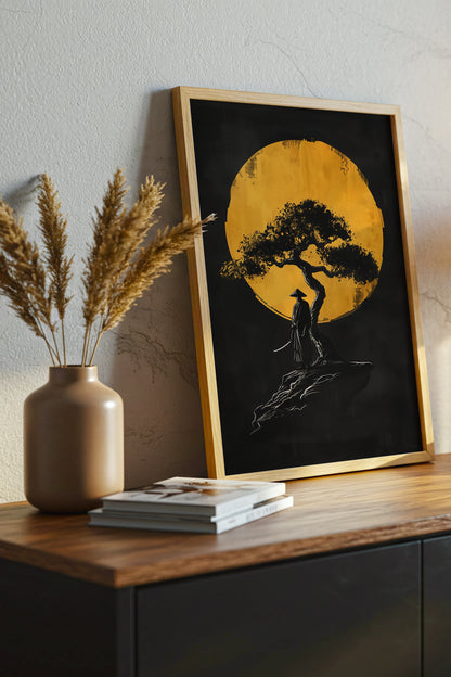 Lone Moonlit Samurai Bonsai Print - Abstract Gold & Black Zen Landscape | Samurai Legacy
