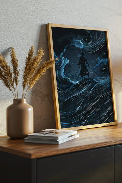 Lone Samurai Blue Ocean Print - Abstract Wave Art | Samurai Legacy