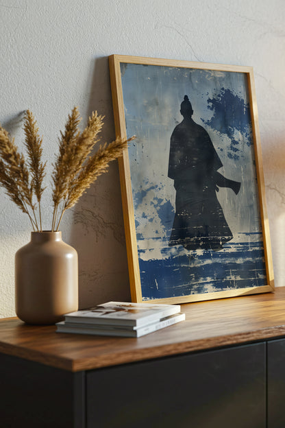 Lone Samurai Silhouette Print - Blue Ink Wabi-Sabi Art | Samurai Legacy