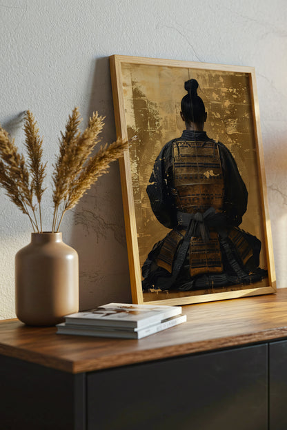 Seated Samurai Armor Poster - Gold Leaf Japanese Wall Art | Samurai Legacy
