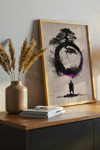 Zen Enso Circle Samurai Print - Violet Ink Pine Tree Decor | Samurai Legacy