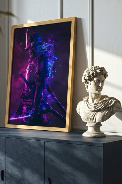 Cyber Neon Samurai Wall Art - Violet Blue Shogun Poster | Samurai Legacy