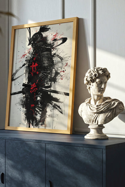 Calligraphy Splatter Samurai Armor Print - Ink Art Poster | Samurai Legacy