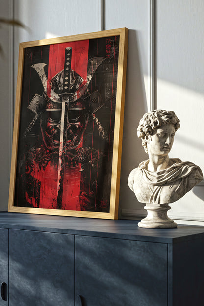 Crimson Katana Kabuto Poster - Graphic Samurai Print | Samurai Legacy