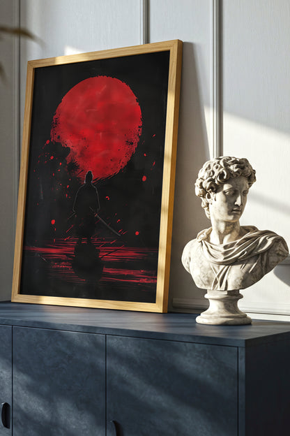 Crimson Moon Samurai Wall Art - Dark Minimalist Poster | Samurai Legacy