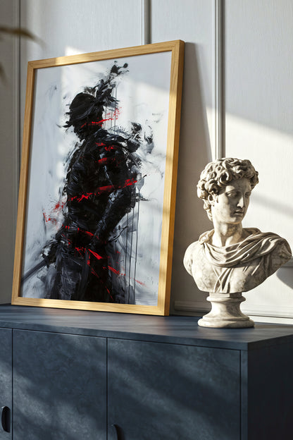 Charcoal Splatter Samurai Print - Raw Action Oil Poster | Samurai Legacy