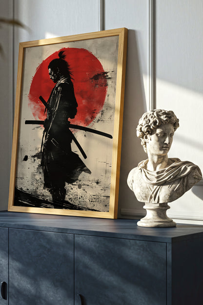 Red Sun Samurai Art Print - Vintage Sumi Ink Poster | Samurai Legacy