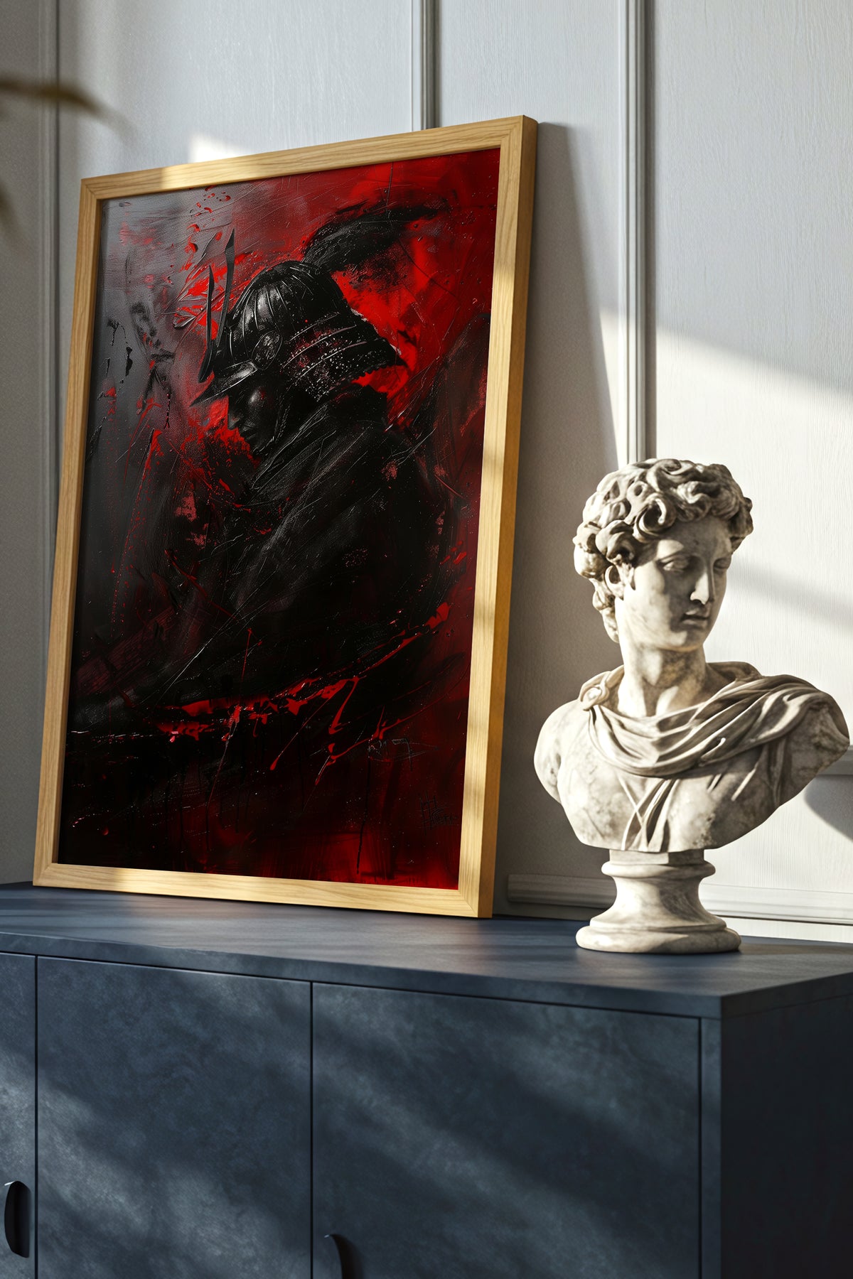 Crimson Samurai Helmet Profile Print - Dark Impasto Art | Samurai Legacy
