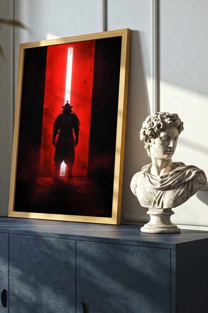 Red Portal Samurai Armor Print - Minimal Light Beam Art | Samurai Legacy