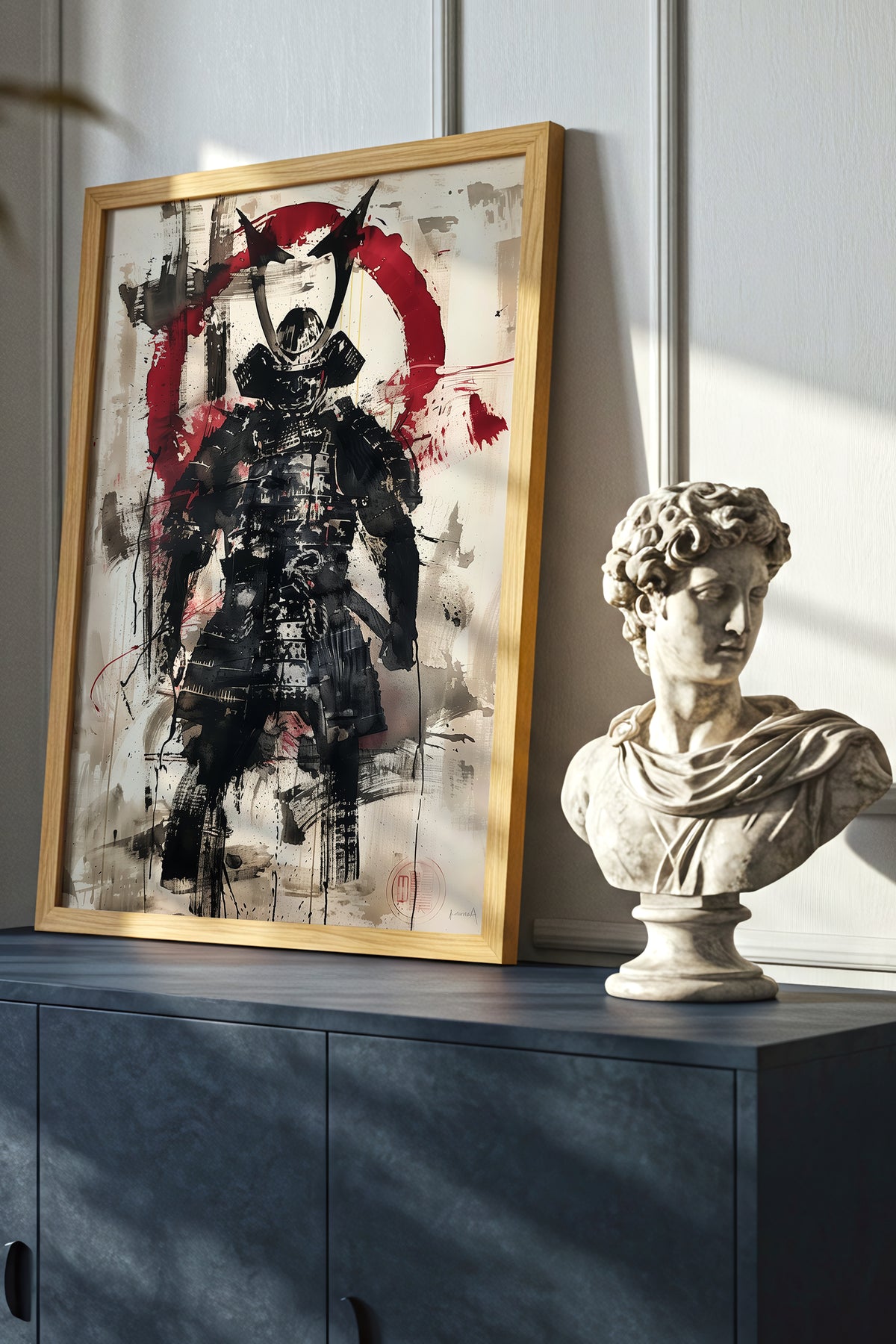 Red Enso Samurai Armor Print - Sumi Ink Wash Poster | Samurai Legacy