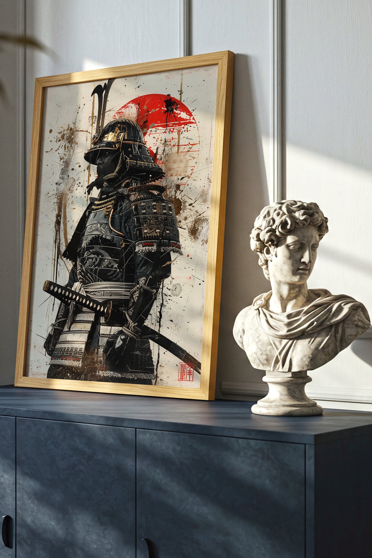 Red Sun Samurai Armor Print - Gold Splatter Wash Art | Samurai Legacy