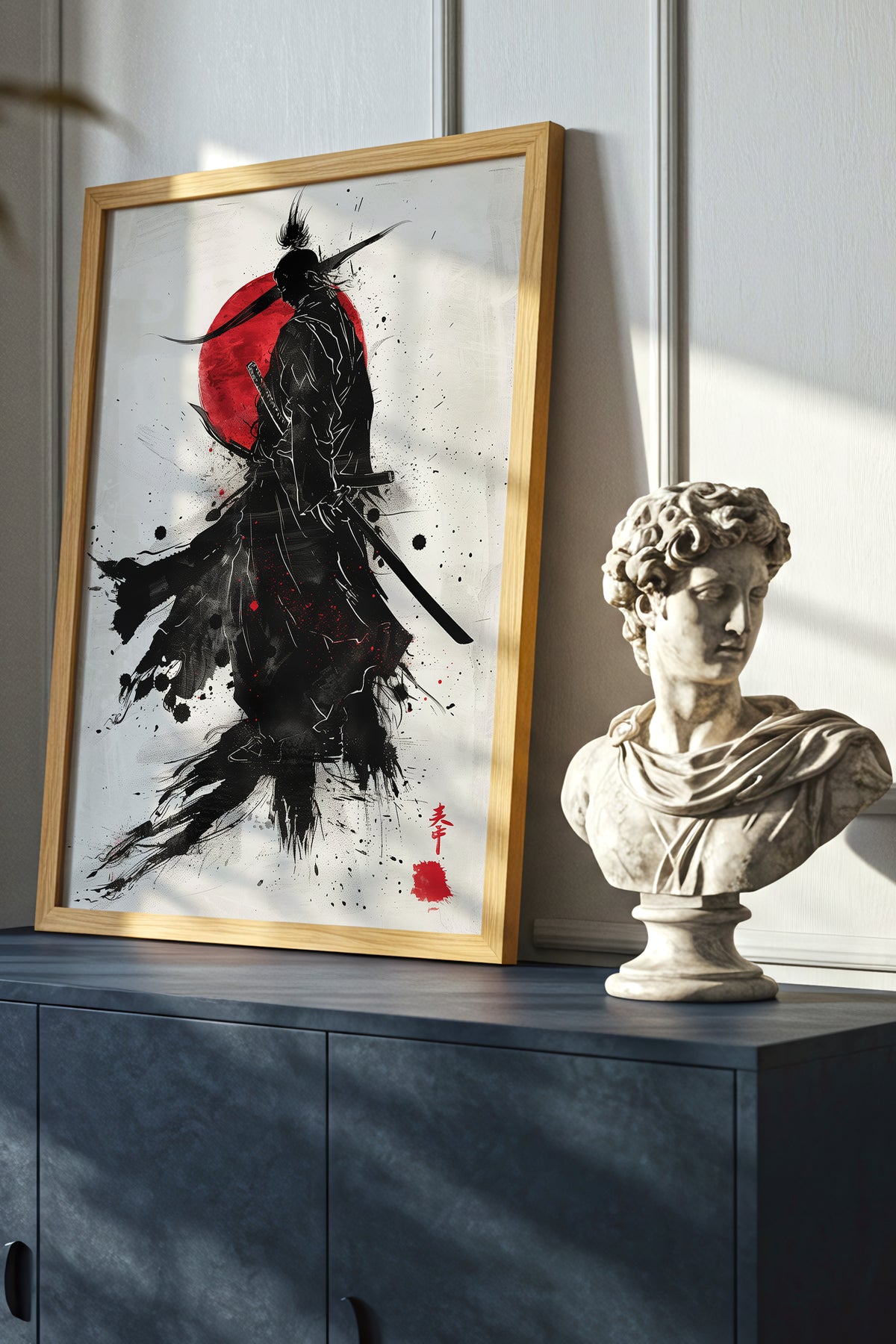 Crimson Sun Samurai Print - Dynamic Sumi Ink Poster | Samurai Legacy