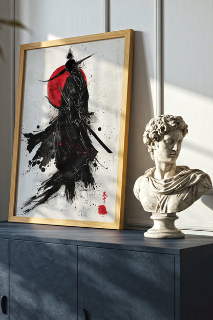 Crimson Sun Samurai Print - Dynamic Sumi Ink Poster | Samurai Legacy