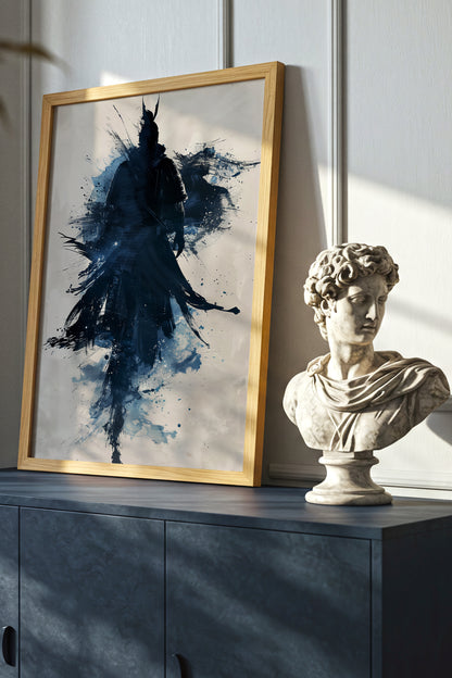 Indigo Splatter Samurai Print - Sumi Ink Wash Poster | Samurai Legacy