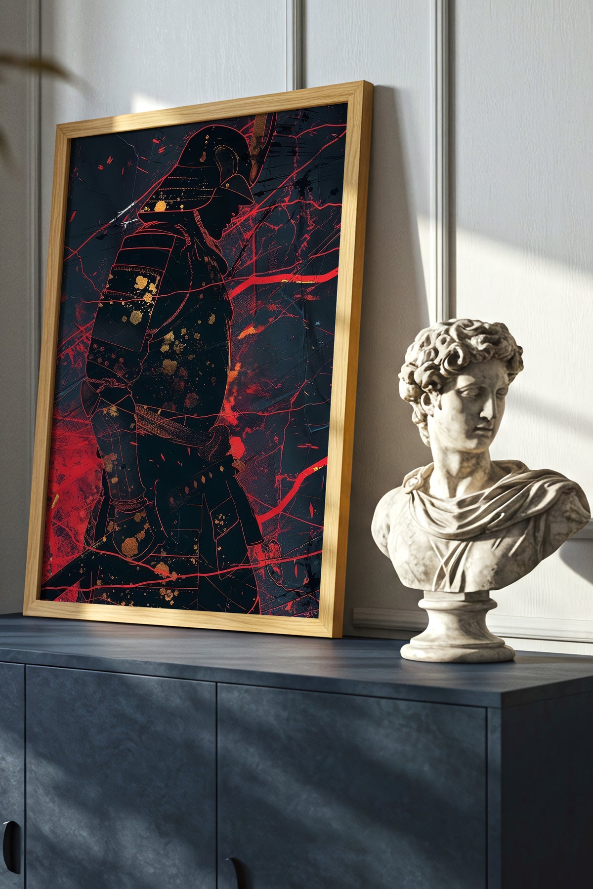 Crimson Line Samurai Armor Poster - Abstract Gold Print | Samurai Legacy