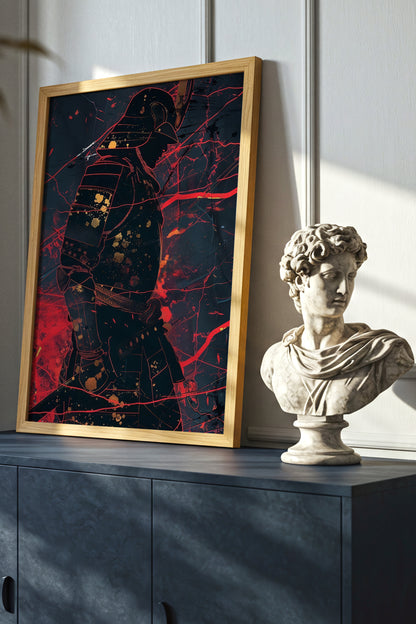 Crimson Line Samurai Armor Poster - Abstract Gold Print | Samurai Legacy