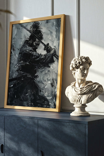 Monochromatic Katana Samurai Poster - Impasto Art Print | Samurai Legacy