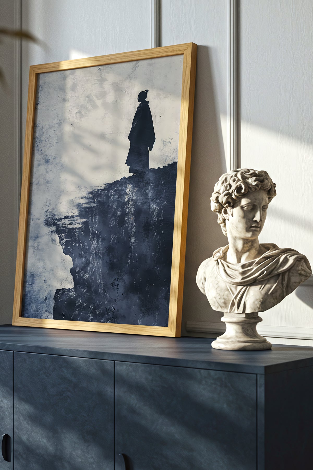 Cliffside Samurai Print - Slate Blue Ink Wash Poster | Samurai Legacy