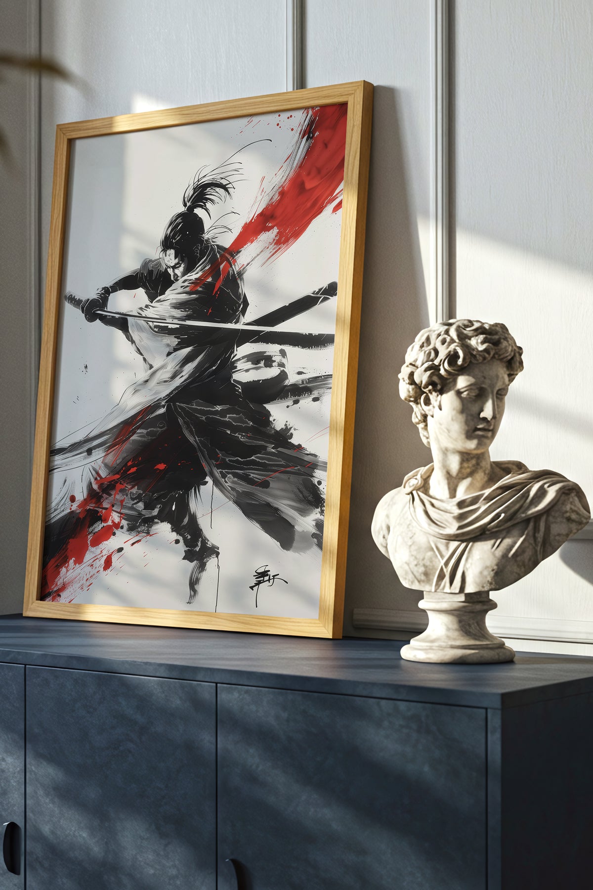Crimson Arc Samurai Katana Print - Ink Wash Poster | Samurai Legacy