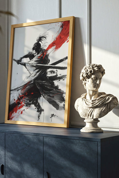 Crimson Arc Samurai Katana Print - Ink Wash Poster | Samurai Legacy