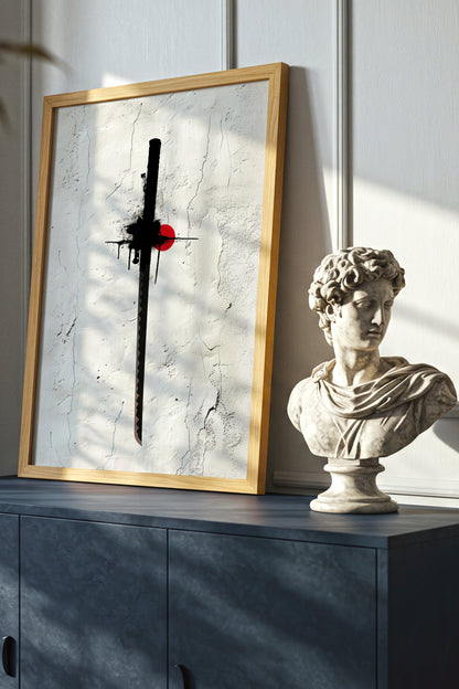 Katana Sword Red Sun Wall Art - Minimalist Ink Poster | Samurai Legacy
