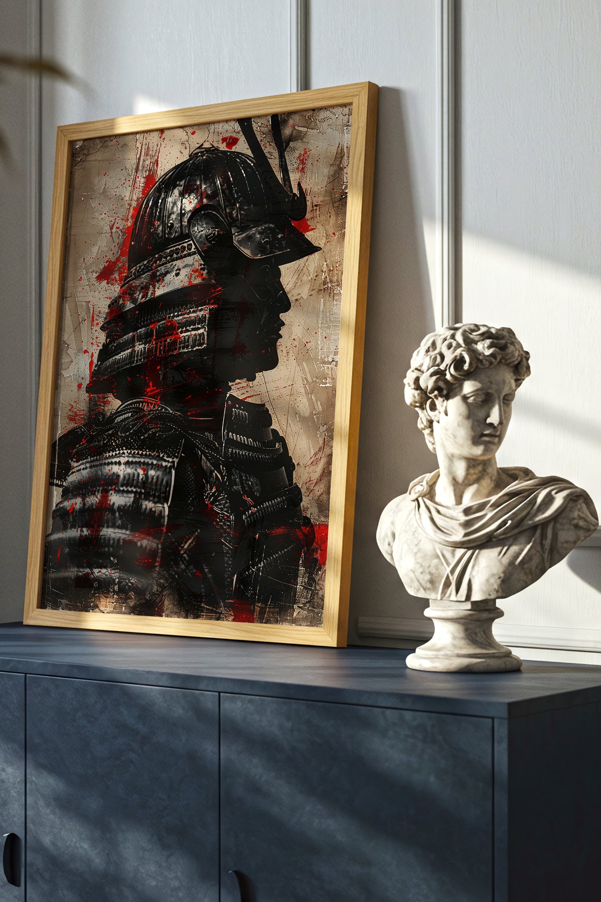 Crimson Splatter Kabuto Samurai Print - Vintage Art | Samurai Legacy