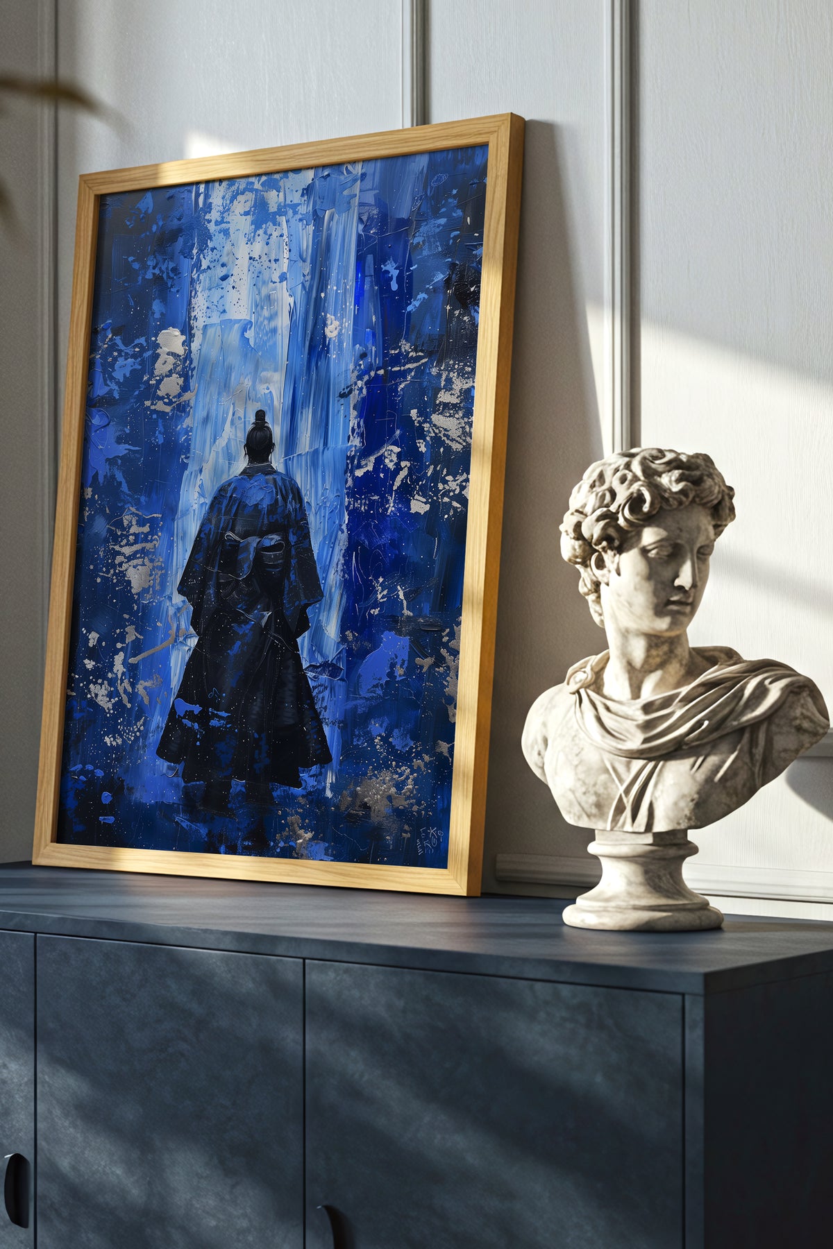 Cobalt Blue Samurai Print - Silver Impasto Poster | Samurai Legacy