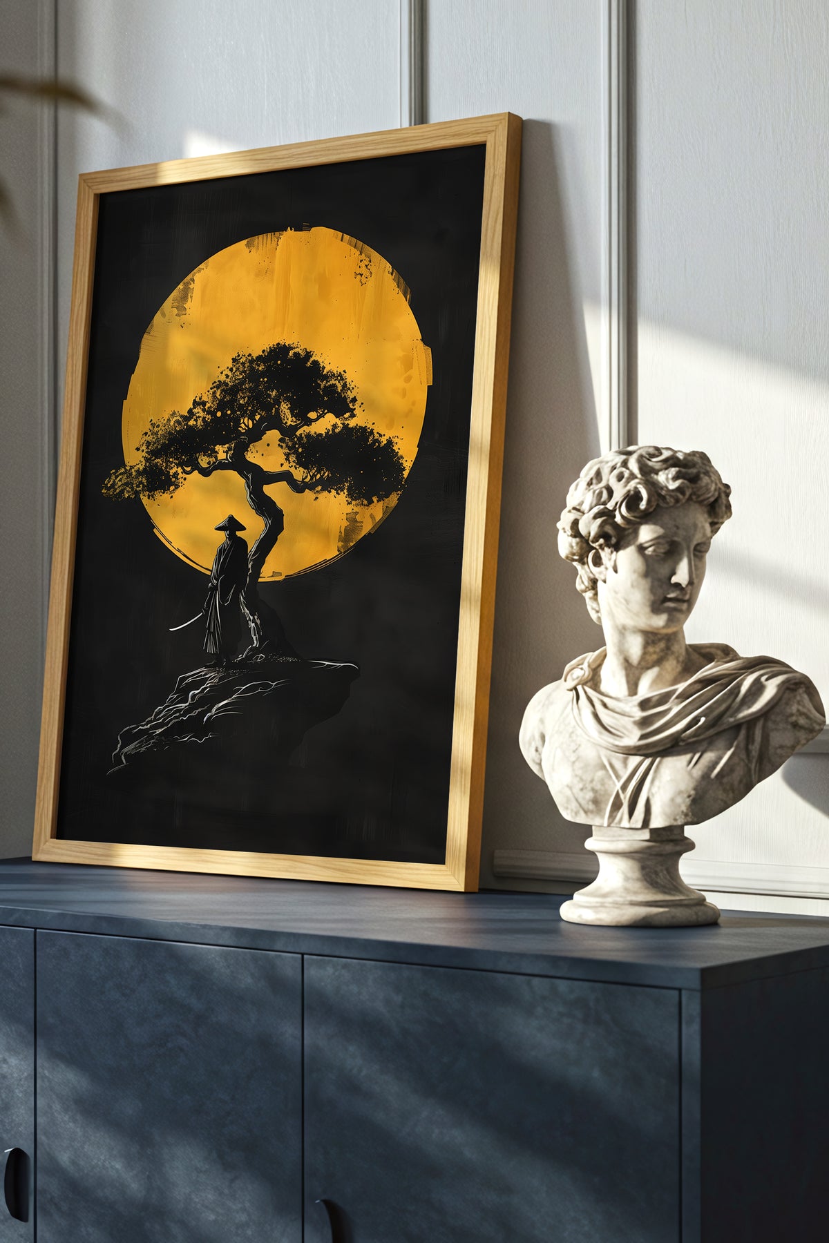 Lone Moonlit Samurai Bonsai Print - Abstract Gold & Black Zen Landscape | Samurai Legacy
