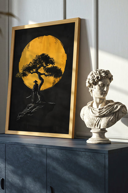 Lone Moonlit Samurai Bonsai Print - Abstract Gold & Black Zen Landscape | Samurai Legacy