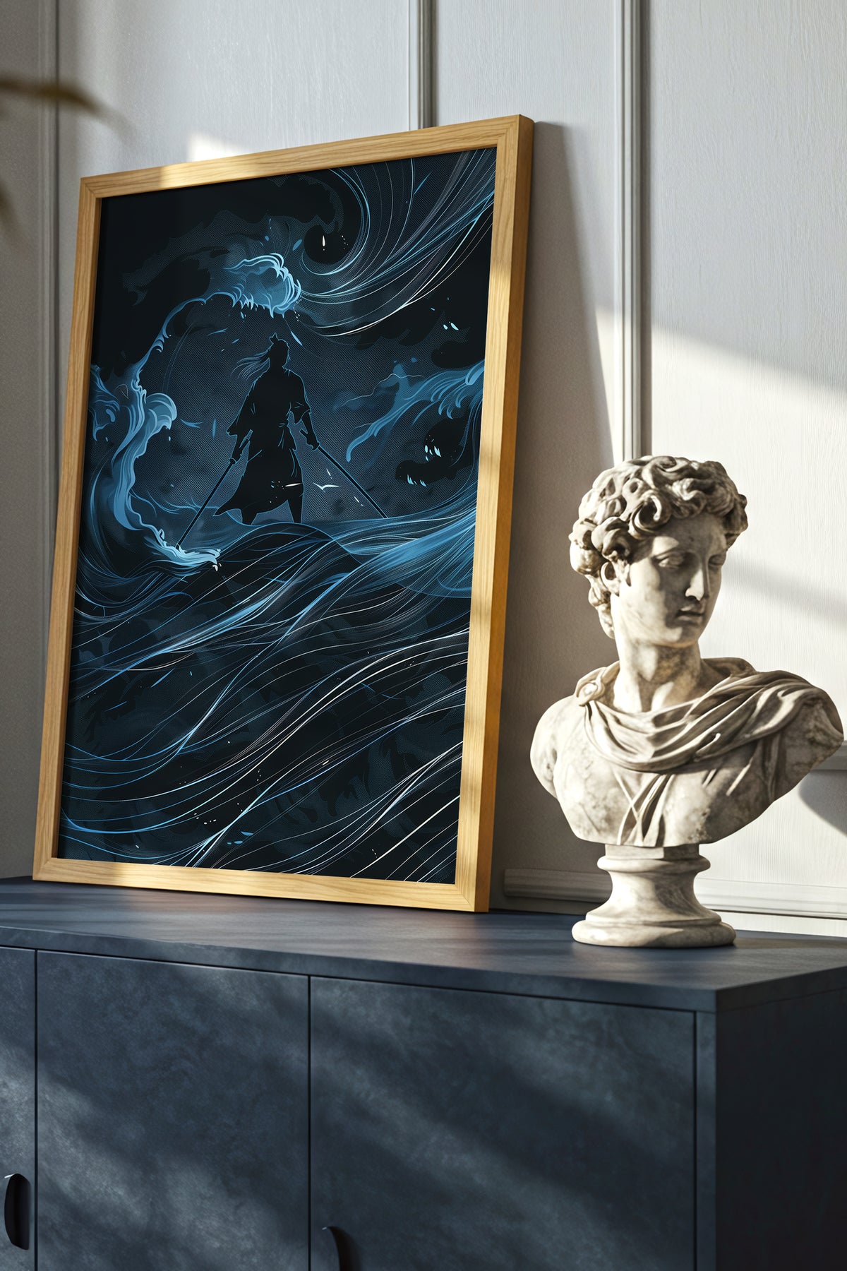 Lone Samurai Blue Ocean Print - Abstract Wave Art | Samurai Legacy