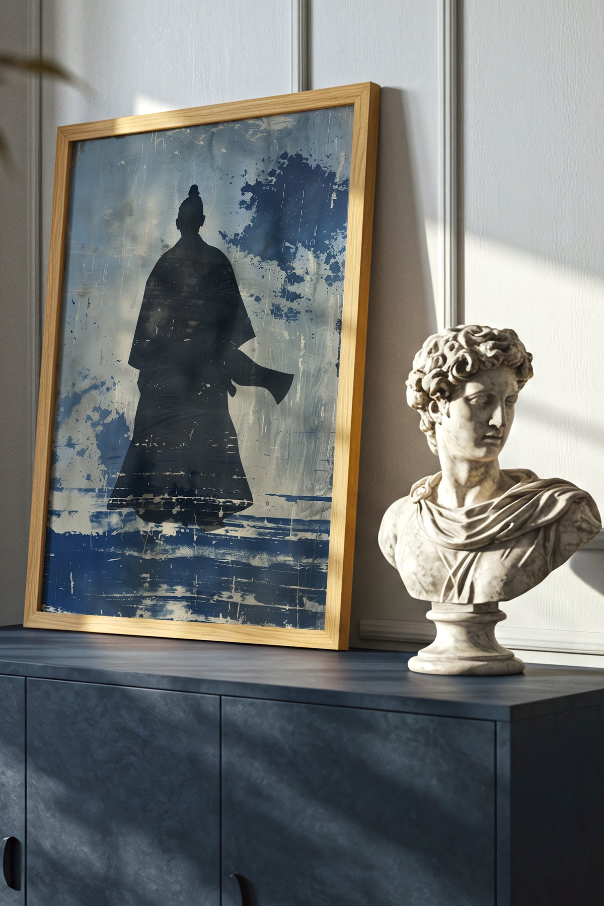 Lone Samurai Silhouette Print - Blue Ink Wabi-Sabi Art | Samurai Legacy