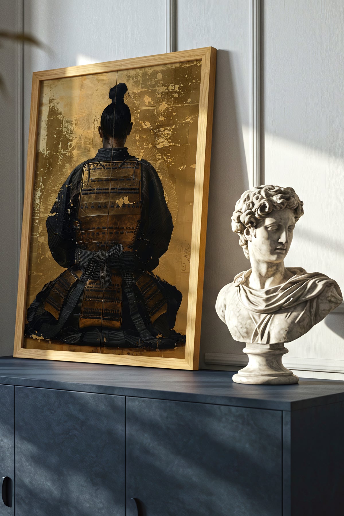 Seated Samurai Armor Poster - Gold Leaf Japanese Wall Art | Samurai Legacy