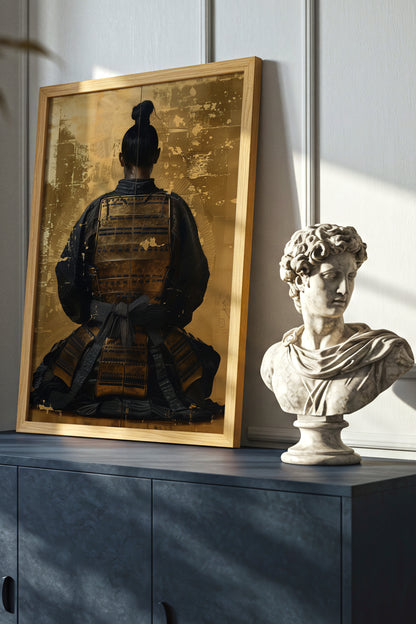 Seated Samurai Armor Poster - Gold Leaf Japanese Wall Art | Samurai Legacy