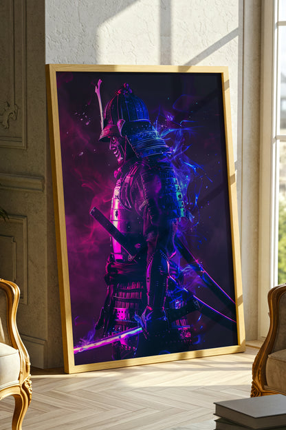 Cyber Neon Samurai Wall Art - Violet Blue Shogun Poster | Samurai Legacy