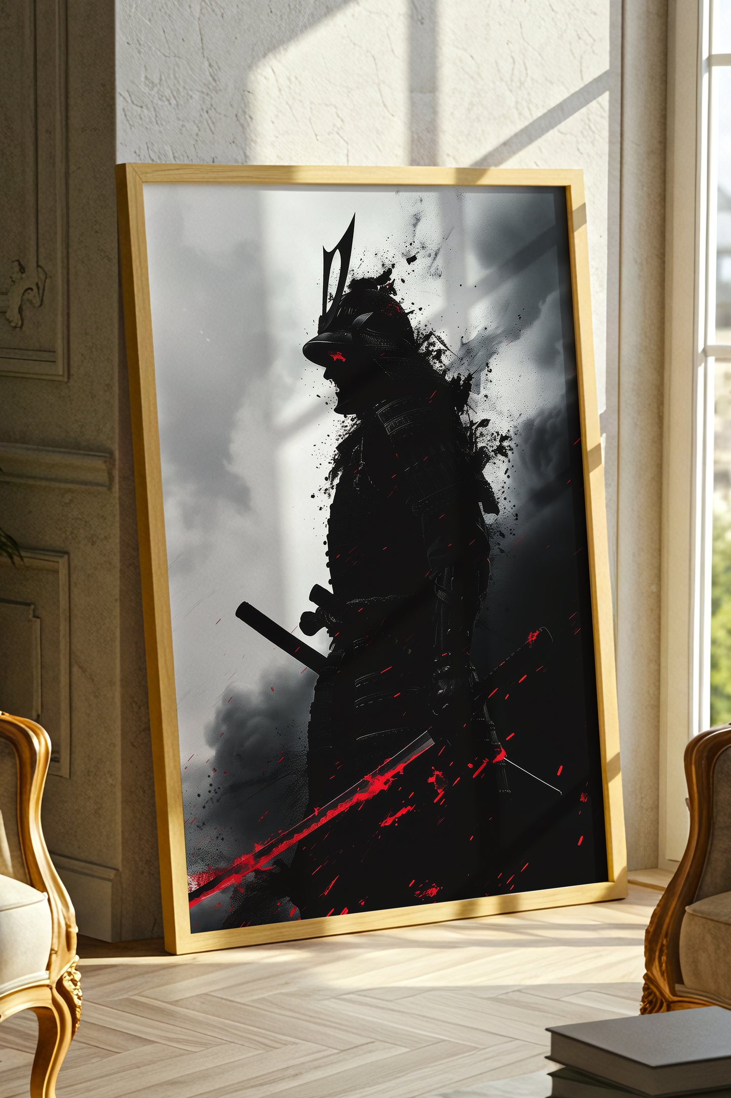 Crimson Blade Samurai Print - Dark Monochrome Poster | Samurai Legacy
