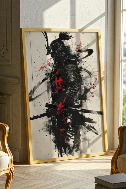 Calligraphy Splatter Samurai Armor Print - Ink Art Poster | Samurai Legacy