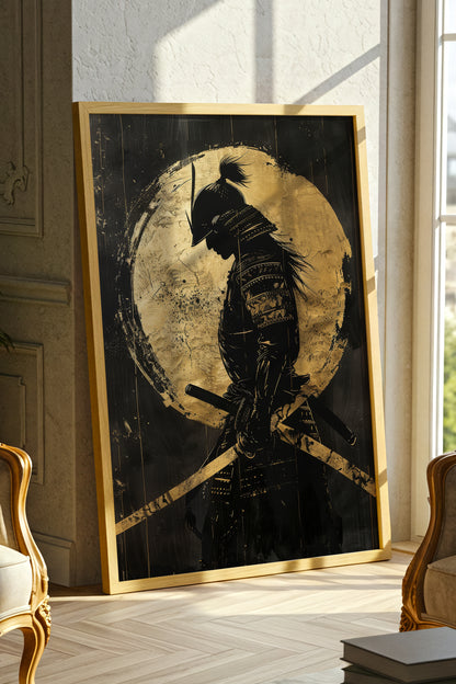 Gold Leaf Dual Katana Samurai Print - Obsidian Art | Samurai Legacy