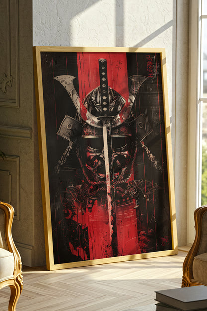 Crimson Katana Kabuto Poster - Graphic Samurai Print | Samurai Legacy