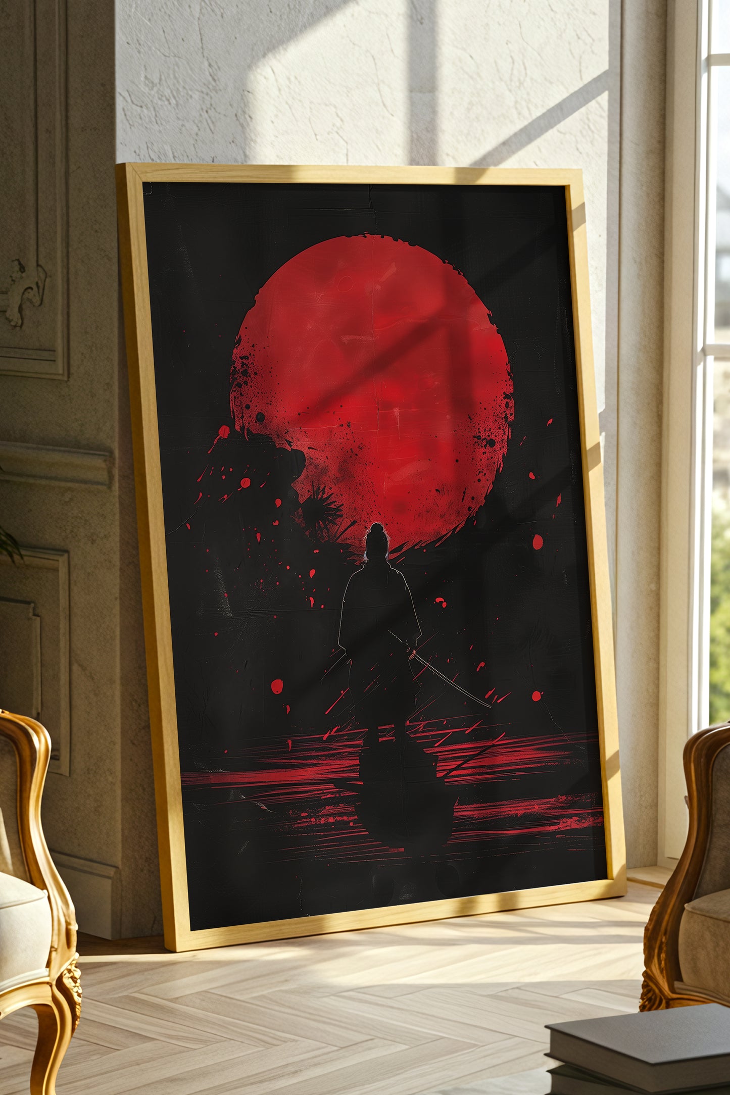 Crimson Moon Samurai Wall Art - Dark Minimalist Poster | Samurai Legacy