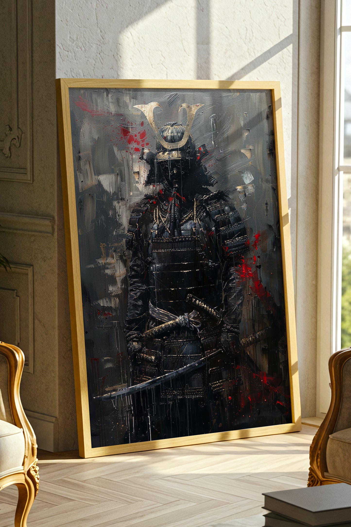 Dark Armor Samurai Katana Print - Impasto Gold Poster | Samurai Legacy