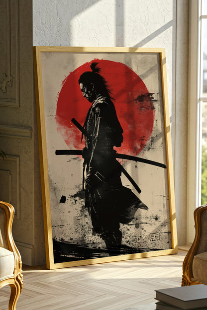 Red Sun Samurai Art Print - Vintage Sumi Ink Poster | Samurai Legacy