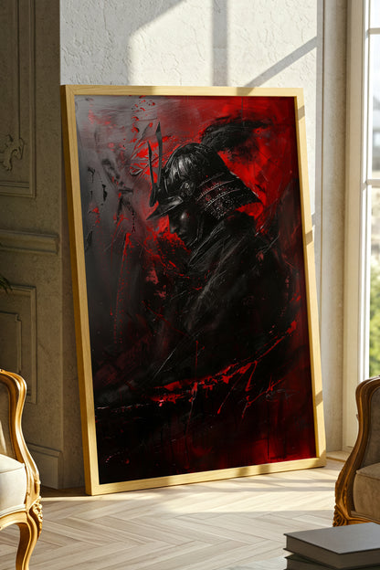 Crimson Samurai Helmet Profile Print - Dark Impasto Art | Samurai Legacy